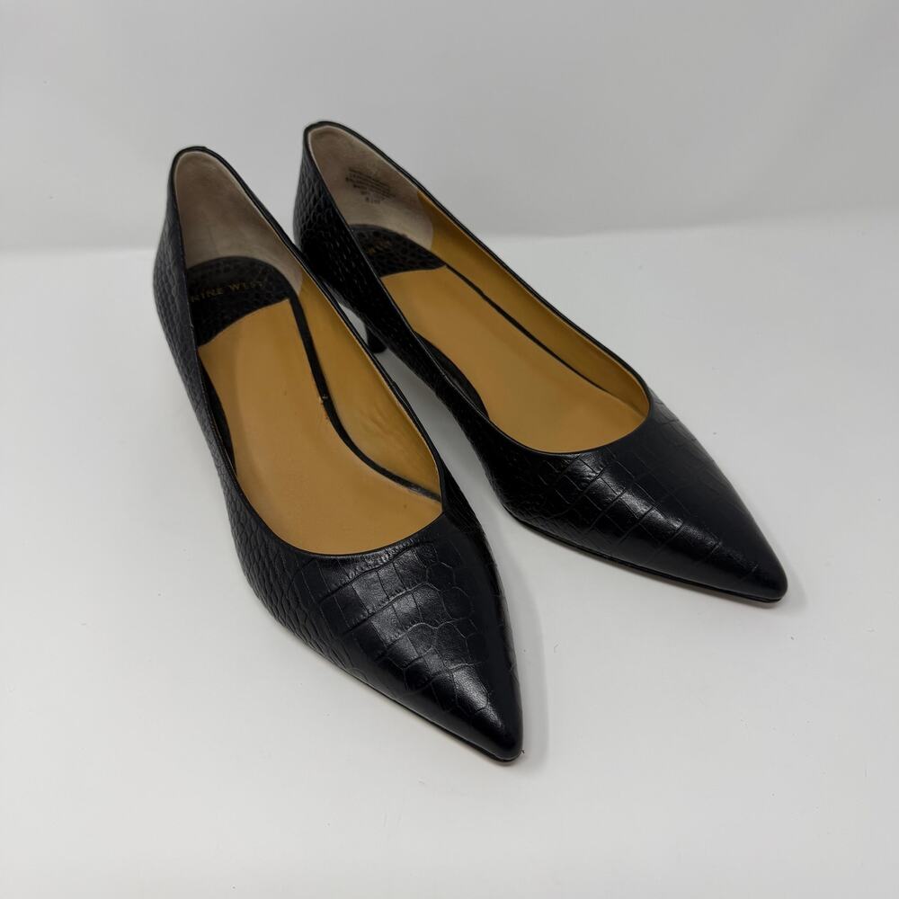 Nine West Black Croc Embossed Pointed Toe Pumps Sz 8.5